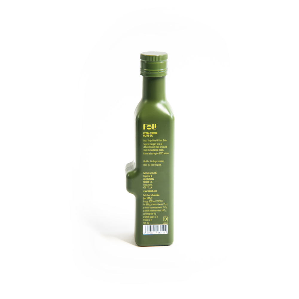 Green FOLI olive oil bottle with label on a white background