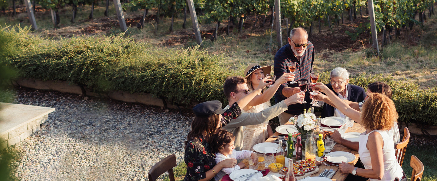 Group of people enjoying a meal with FOLI products outdoors in a vineyard