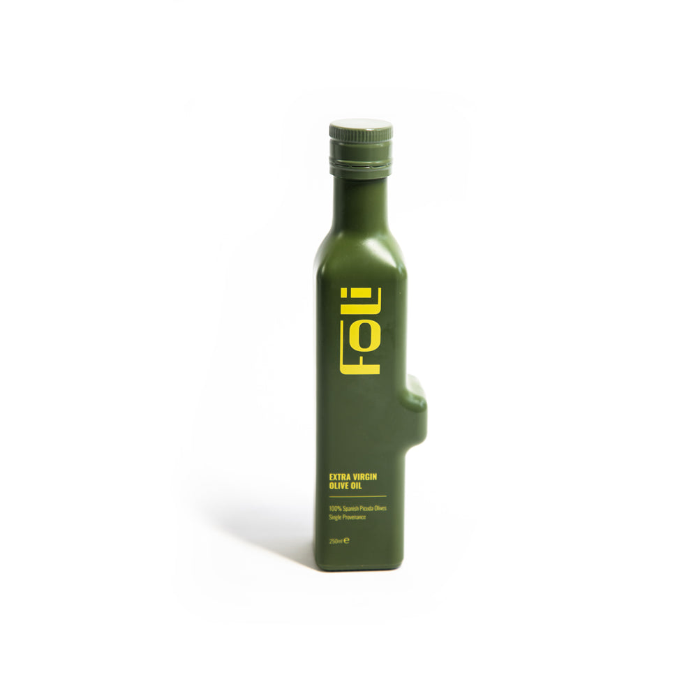 Green FOLI interlocking olive oil bottle on a white background