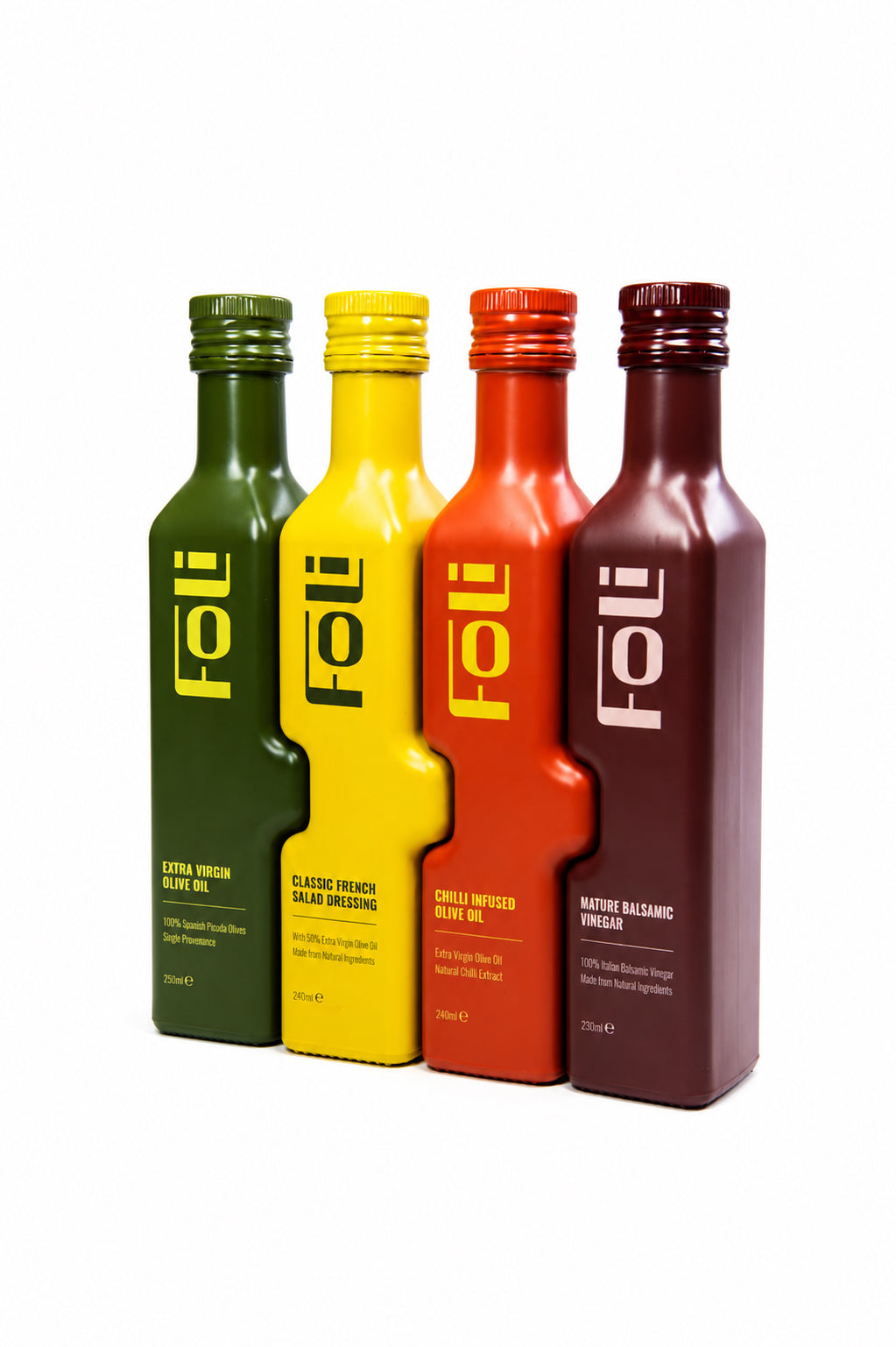 FOLI Premium Signature Quartet Extra Virgin Olive Oil high in polyphenol Chilli Infused Olive Oil Classic French salad Dressing Mature Balsamic vinegar Interlocking Glass Bottles
